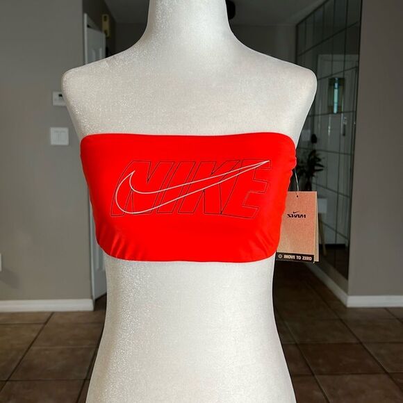 Nike Swim Women Multi Logo Neon Red Bikini Bandeau Top - Picture 1 of 16